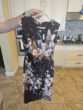 Donna Karan Black and Cream Floral Twist-Waist Midi Dress